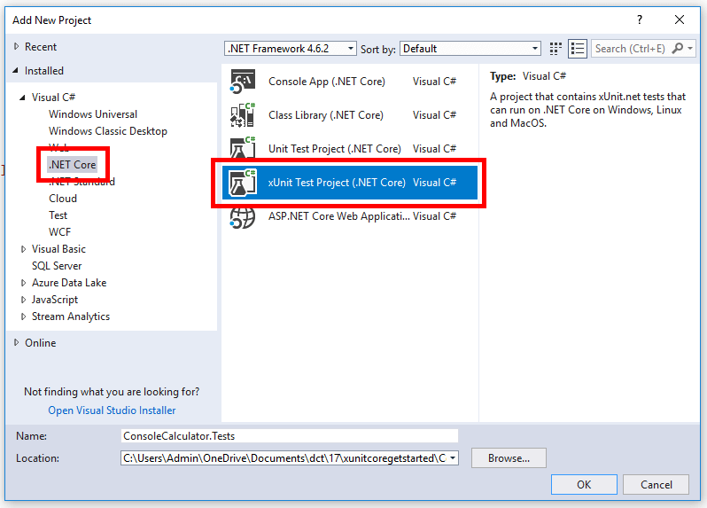 Adding an xUnit test project in Visual Studio 2017