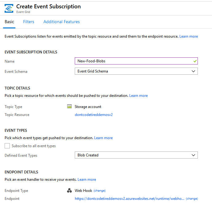 Creating a new Azure Event Grid Subscription to trigger an Azure Function