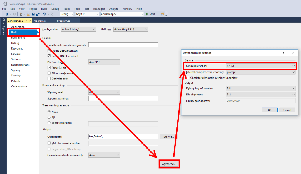 Visual Studio 2017 Screenshot showing C# 7.1 enabled