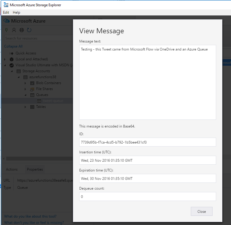 Azure Storage Explorer showing Azure Queue message content