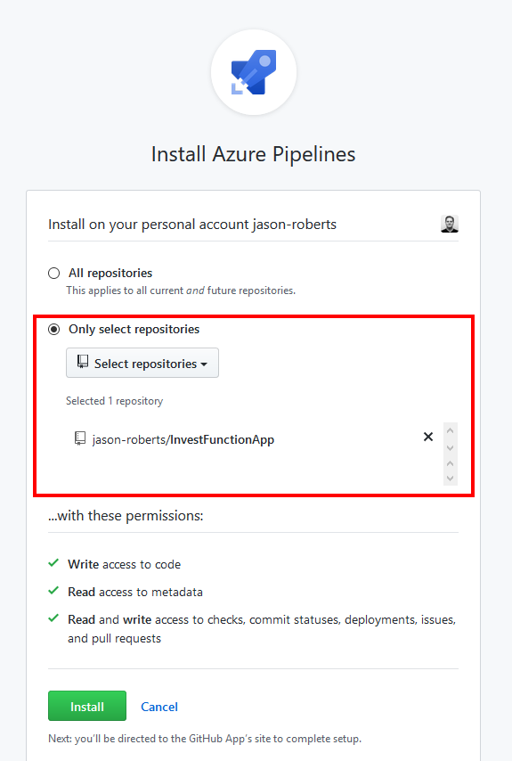 Installing the Azure Pipelines GitHub App