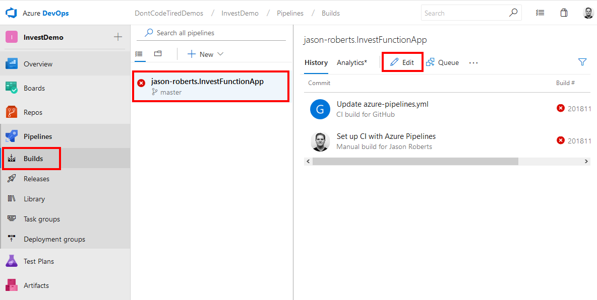 Editing an Azure Pipeline build
