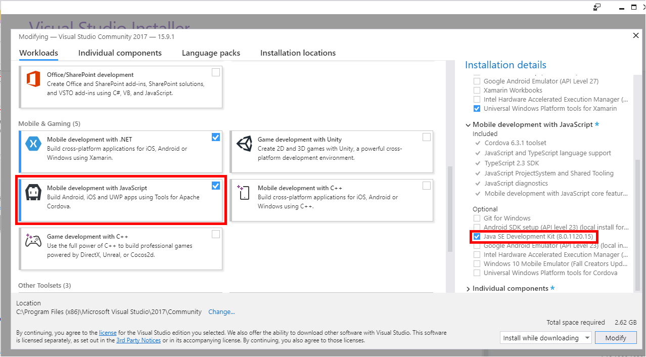 Installing Java 8 from the Visual Studio Installer