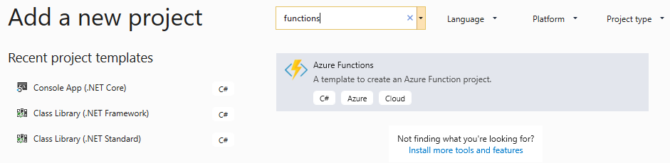 Creating a new Azure Functions project in Visual Studio 2019