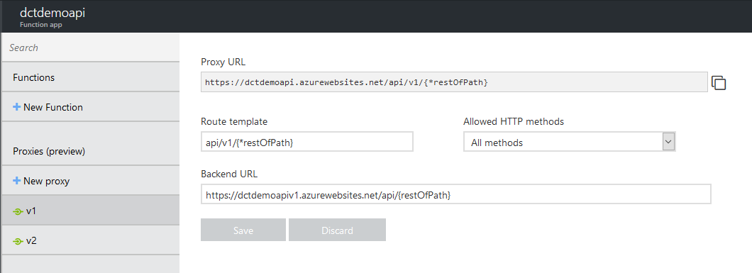 Azure Function proxy settings for API version 1