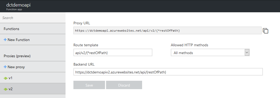 Azure Function proxy settings for API version 2