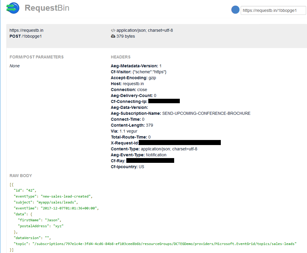 RequestBin receiving Azure Event Grid event