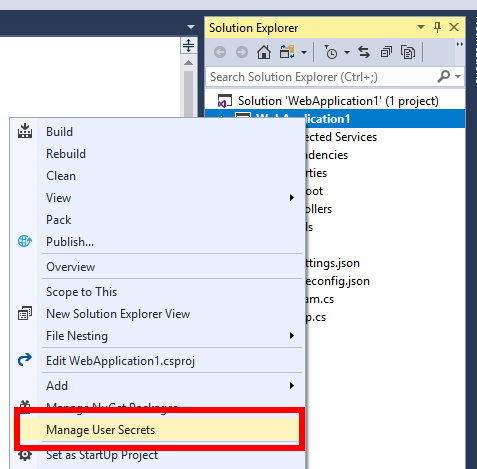 Managing user secrets in Visual Studio